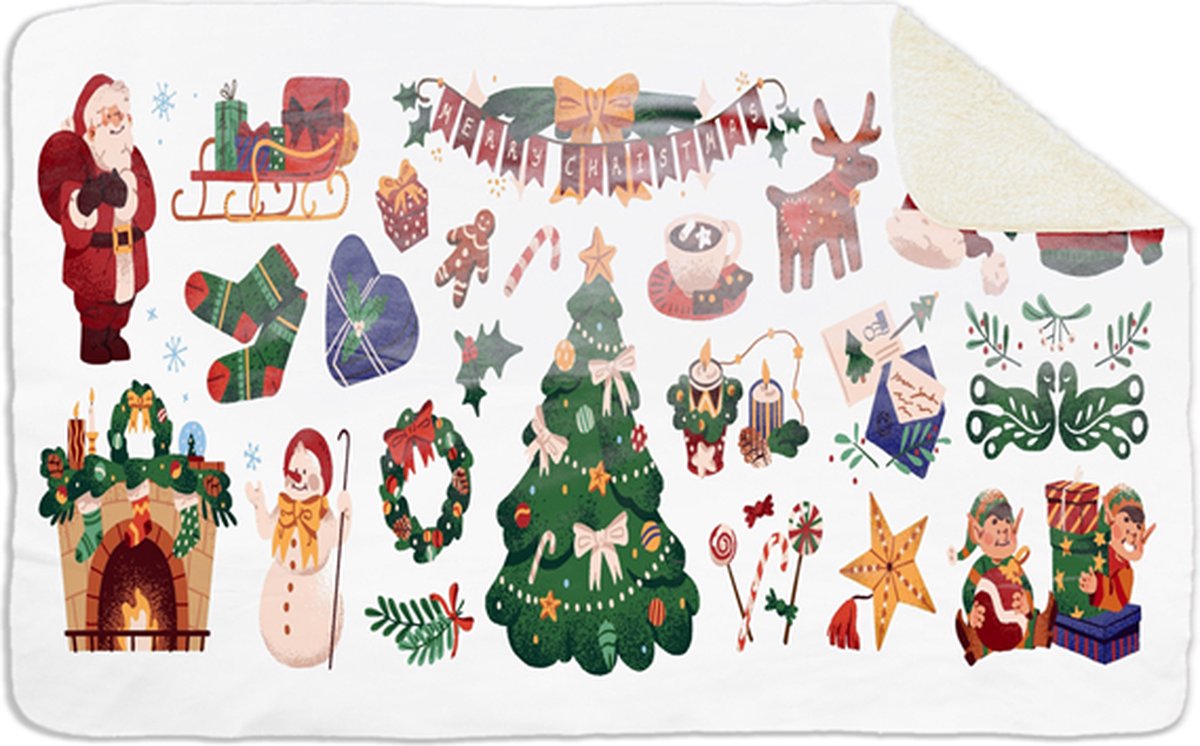 Fleecedeken Kerst Patroon/ Illustraties 2, 96x146cm, Polyester Sherpa