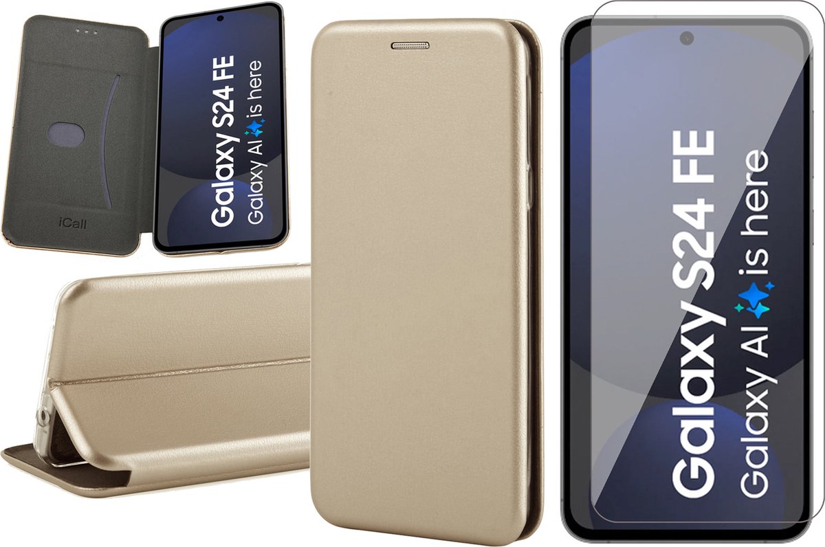 Hoesje geschikt voor Samsung Galaxy S24 FE - Screenprotector Glas - Wallet Book Case Goud