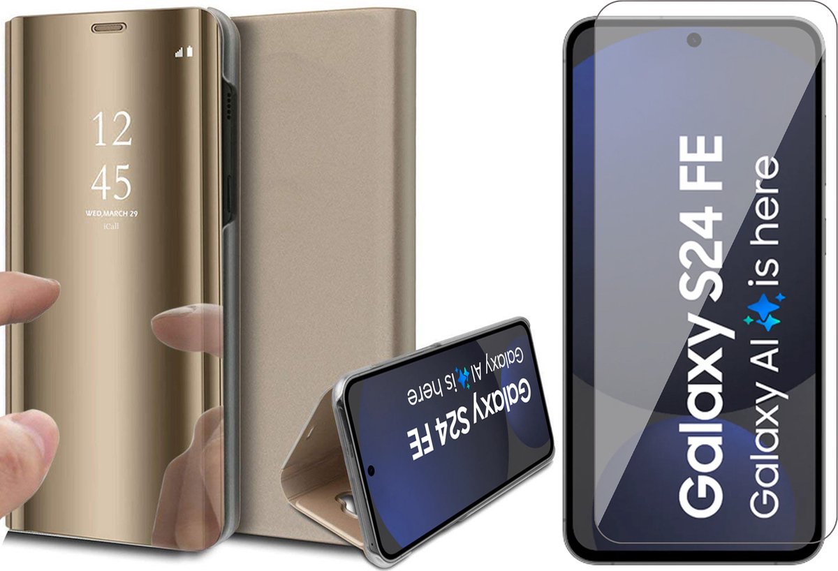 Hoesje geschikt voor Samsung Galaxy S24 FE - Screenprotector Glas - Spiegel Book Case Goud