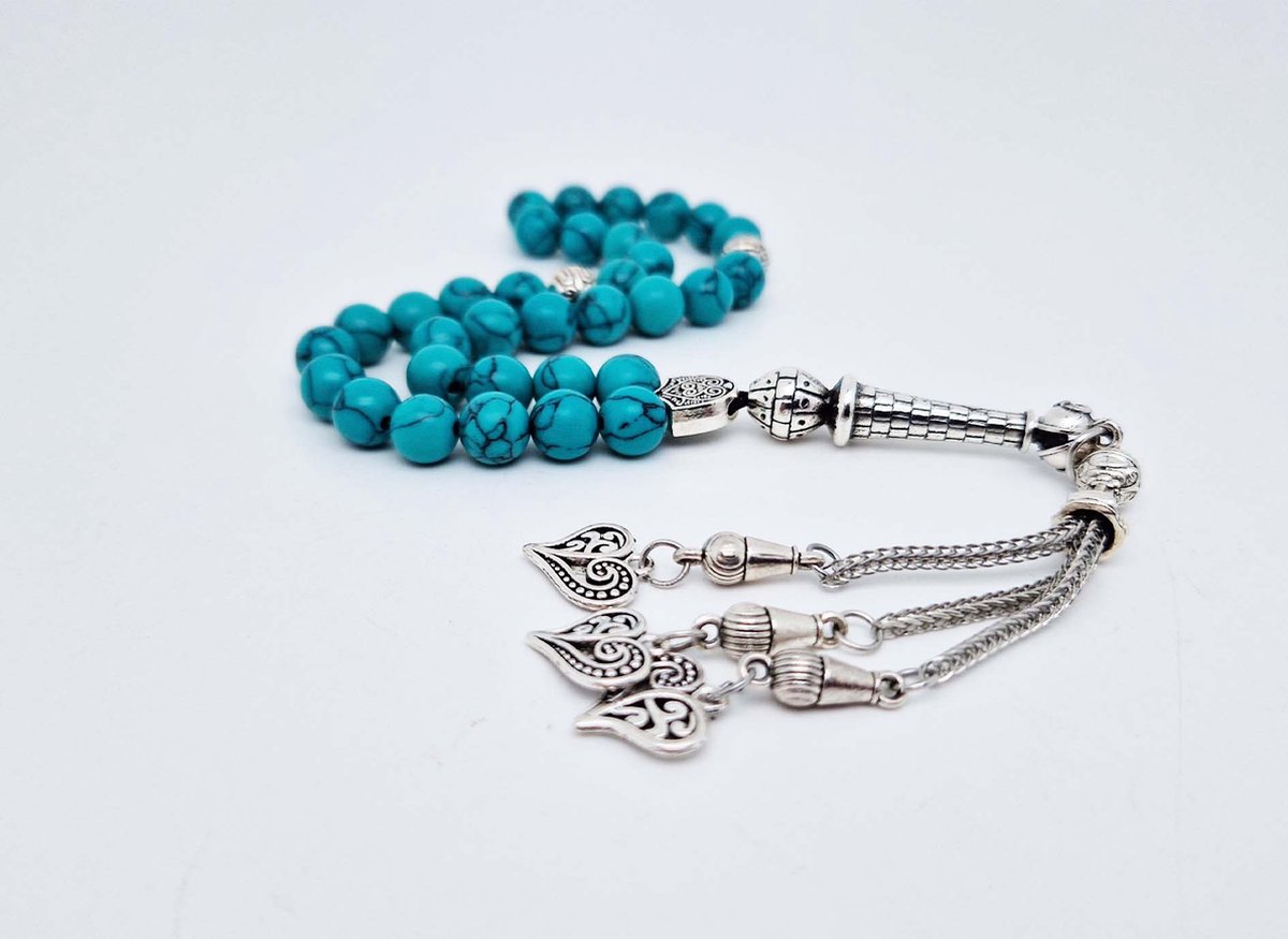 Handgemaakte tesbih "tasbih" natuursteen "Howliet groen" - Aantal kralen 33 - Diameter kralen 8 MM - met metaal tassel "model A20" - Een mooi cadeau-idee