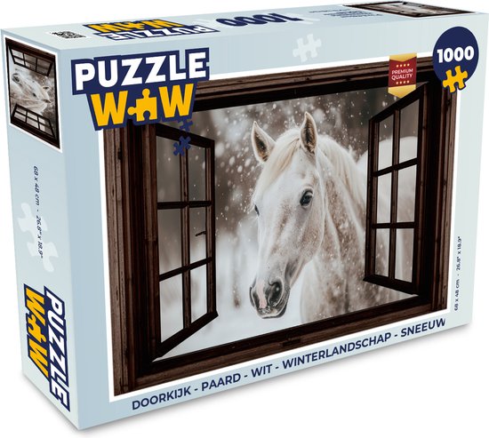 Puzzel Doorkijk - Paard - Wit - Winterlandschap - Sneeuw - Legpuzzel - Puzzel 1000 stukjes volwassenen