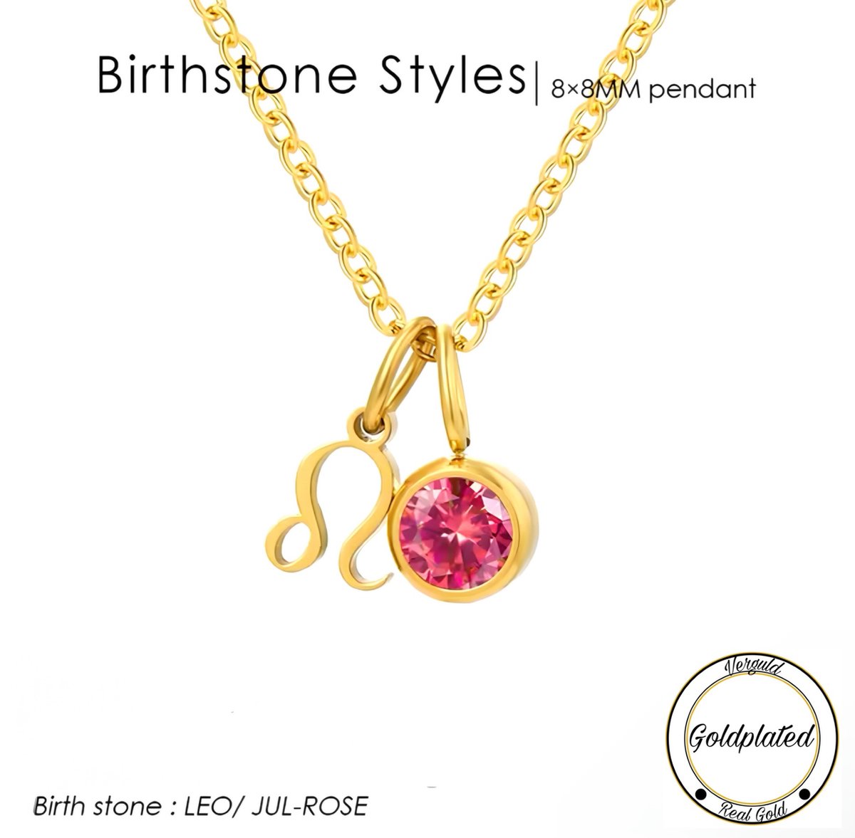Borasi Birthstone Ketting Juli | Sterrenbeeld Leeuw | Goldplated | Roze | Dames Sieraden | Dames Ketting |