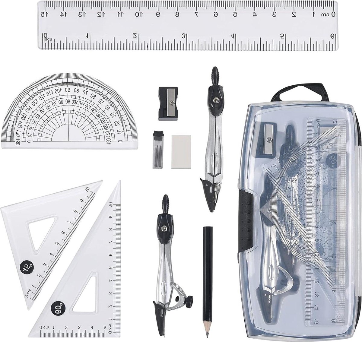 Geometric Set - 10 Pieces Ruler Protractor Compass Pencil Refills Lead Pencil Eraser for Students Technical Drawings