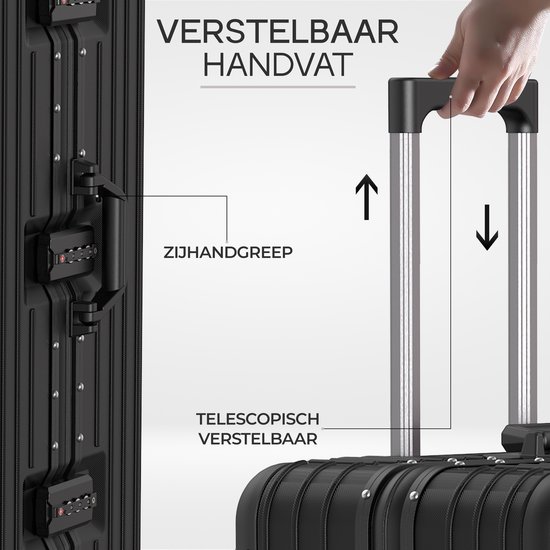 Close-up van de zijkant en telescopische handgreep van een zwarte koffer. Tekst over zijhandgreep en verstelbaar handvat.