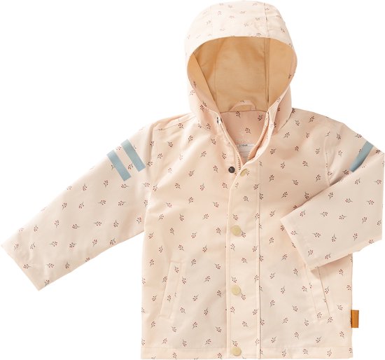 Veste de pluie rose pâle pour enfant avec imprimé intégral de baies rouges et de brindilles. Bandes réfléchissantes bleues sur les manches.