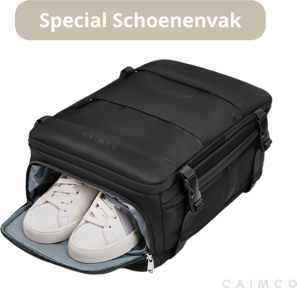 Caimco Expedition Rugzak met Laptopvak & Vak voor Natte Kleding – Waterafstotende 15.6 inch Laptop Backpack – Ruime Reistas met Schoenenvak – Unisex Schooltas – Zwart – foto 3