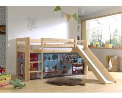 LUCEVI - Pino Halfhoogslaper H115CM + Ladder + Glijbaan + Pet Shop Gordijntjes - Bruin - 90x200 cm