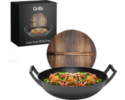 GrillX Wokpan Gietijzer - Met Houten Deksel - Ø 36cm - Gietijzeren Wadjan - BBQ & Inductie Pan