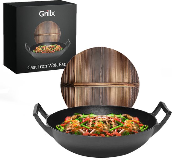 GrillX Wokpan Gietijzer - Met Houten Deksel - Ø 36cm - Gietijzeren Wadjan - BBQ & Inductie Pan