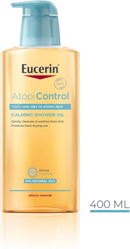 Eucerin AtopiControl Kalmerende Doucheolie in oranje fles met blauwe pomp, 400 ml. Voor zeer droge, atopische huid.