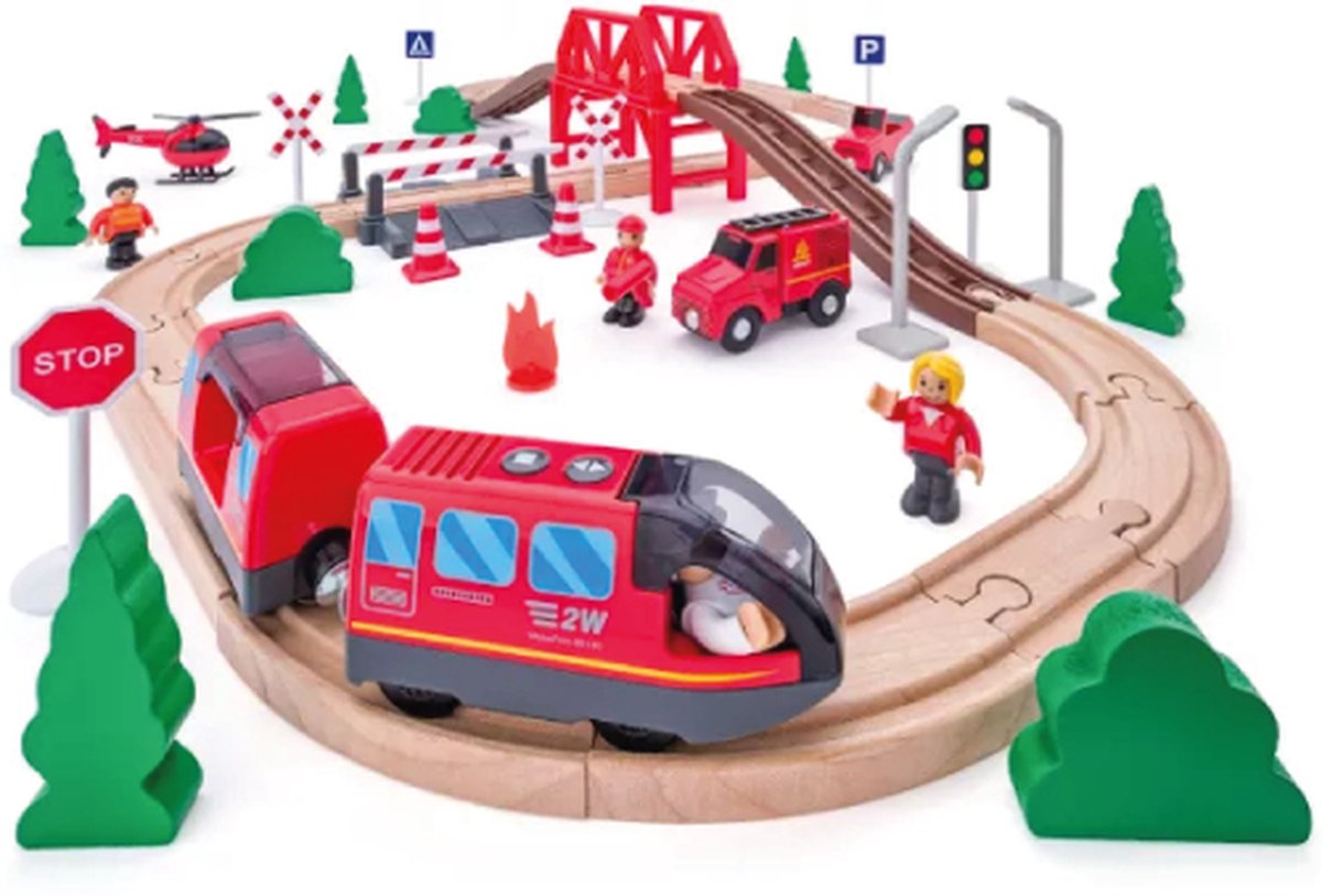 Woody treinset brandweer - houten speelgoed treinset 60-delig.