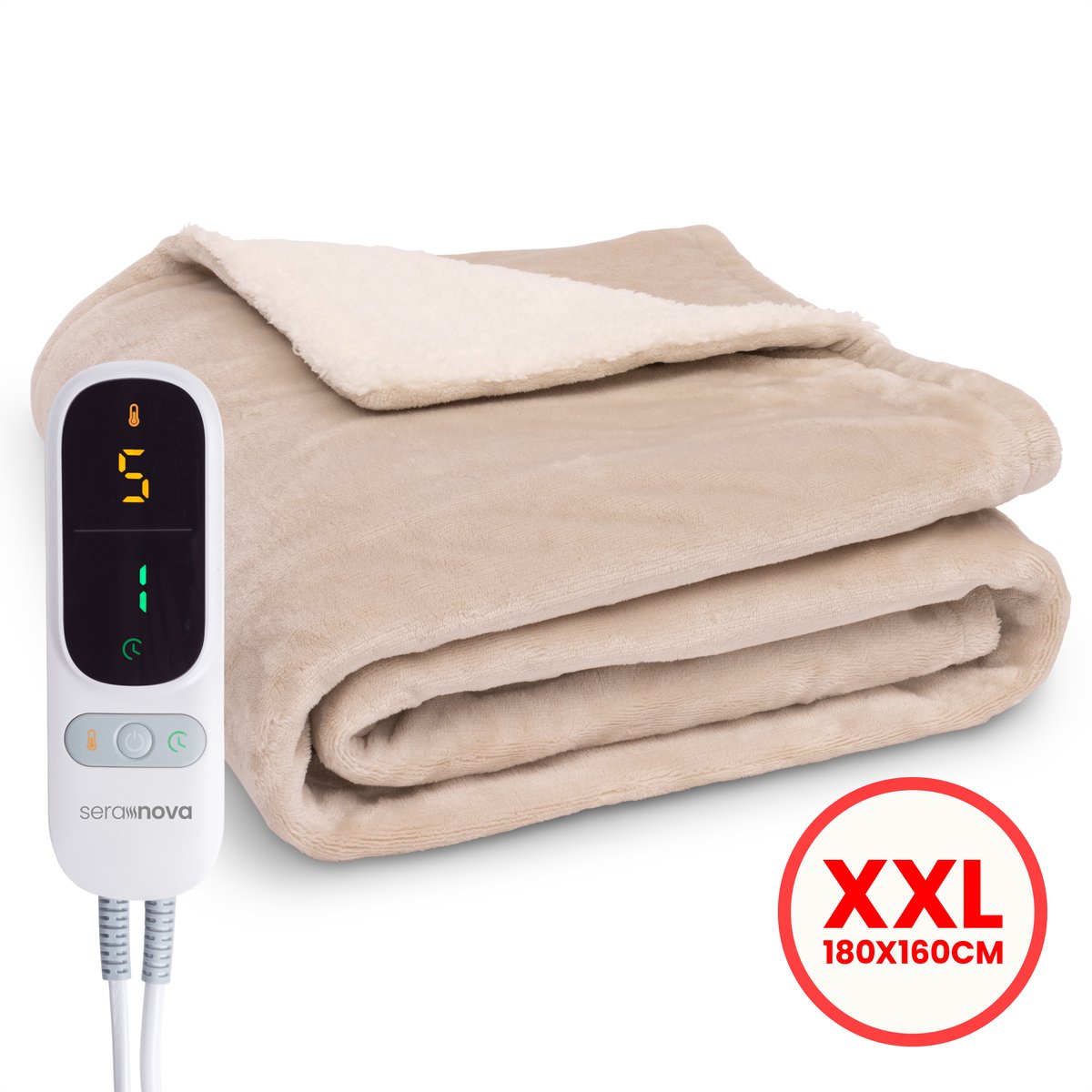 Seranova Elektrische Deken XXL - Extra Warmtedraden - Premium Model - 180x160 cm - 2 persoons Warmtedeken - Dubbelzijdig Fleece Sherpa - Crème beige - Seranova - €74,99