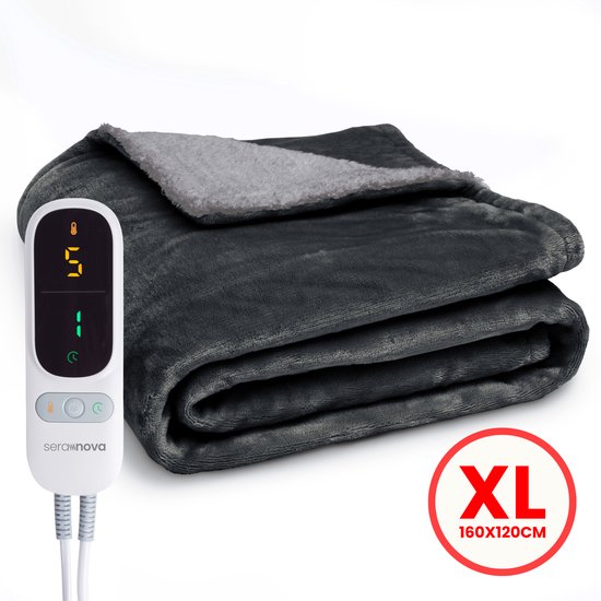 Seranova Elektrische Deken - Extra Warmtedraden - Premium Model - 160x120 cm - 1 Persoons Warmtedeken - Dubbelzijdig Fleece Sherpa - Antraciet