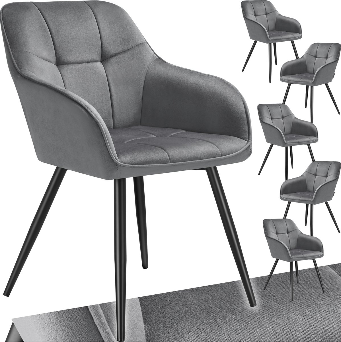 Tectake Eetkamerstoelen Marilyn - Set van 6 - Gestoffeerde Stoel in Fluweellook - Stikpatroon - Zwarte Stoelpoten - Ergonomische Keukenstoel - Doorlopende Rugleuning en Armleuningen - Stoel voor Woonkamer, Eetkamer, Slaapkamer - Grijs