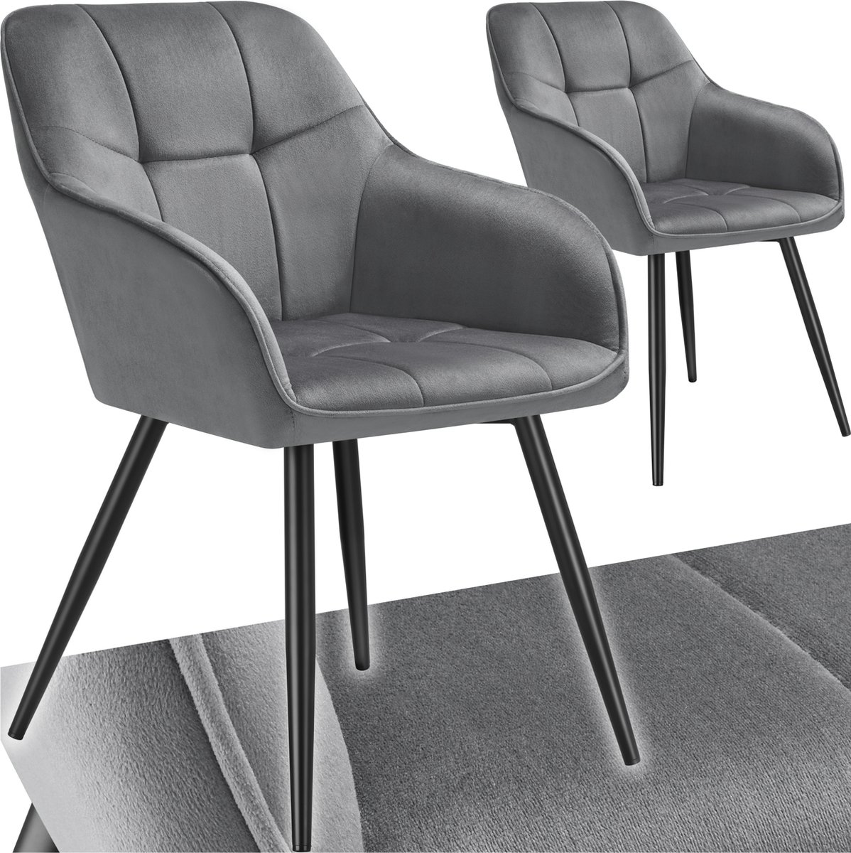 Tectake Eetkamerstoelen Marilyn - Set van 2 - Gestoffeerde Stoel in Fluweellook - Stikpatroon - Zwarte Stoelpoten - Ergonomische Keukenstoel - Doorlopende Rugleuning en Armleuningen - Stoel voor Woonkamer, Eetkamer, Slaapkamer - Grijs