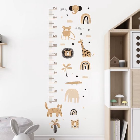 Groeimeter - Muursticker Kinderkamer - Babykamer - Wilde Dieren - Jungle - Safari - Cartoon - Jongen - Meisje - Zelfklevend PVC - Beige - Neutrale Kleuren