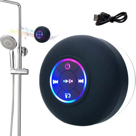 Zwarte Waterdichte LED Bluetooth Douche Luidspreker / speaker met Zuignap - USB Oplaadbaar - Geschikt voor Smartphone, Tablet en PC - IPX-4 van Fancey — afbeelding 4
