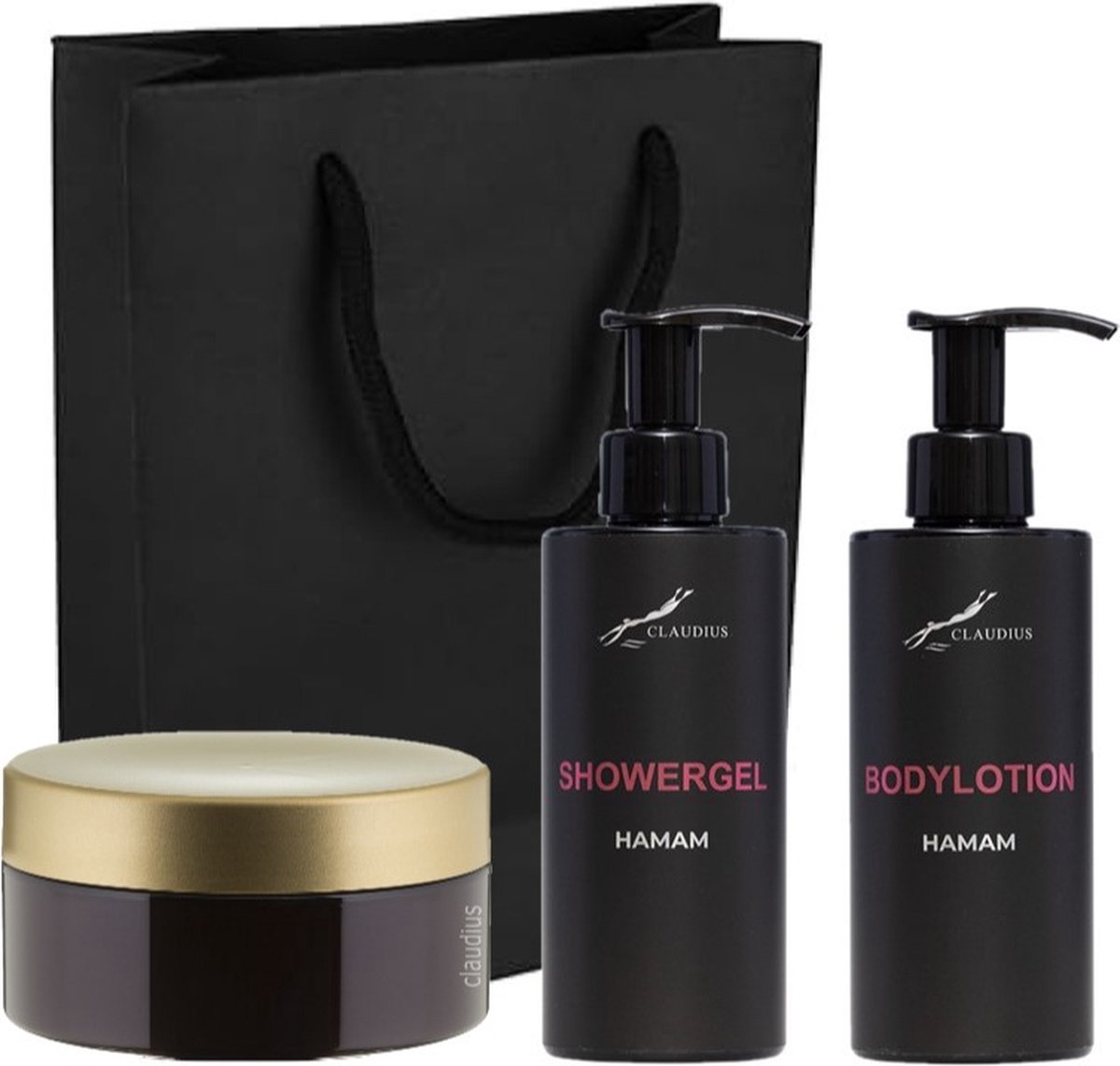 Goedkoopste Douchepakket Hamam - Showergel Bodylotion Scrubzout 300 gram - 300 ml per fles - set van 2 stuks - met luxe gift tas - kerst cadeau - giftset voor hem en haar