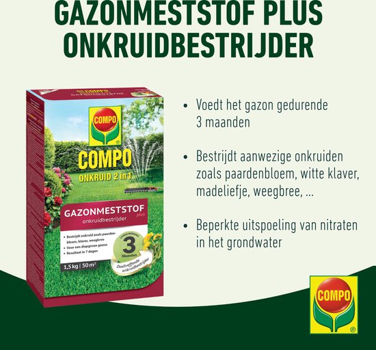 COMPO Gazonmeststof plus Onkruidbestrijder - lange werking 3 maanden - diepgroen gazon in 7 dagen - doos 1,5 kg (50 m²) — afbeelding 2