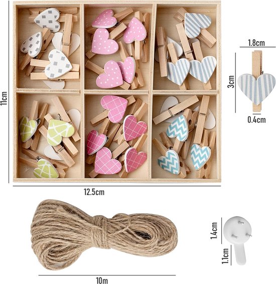 Hengxinchen 168 Stuks Mini-Houten Klemmen, Klein, Wit, Mini-Wasknijpers, Bruiloft, Kleine Houten Knijpers Voor Polaroid Foto'S Met 10 M Jute Koord