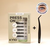 Kyro Beauty starterkit met "Press On Lashes", wimperclusters in verschillende lengtes, en een zwarte wimperpincet. Een cirkelvormig label toont een oog met wimpers.