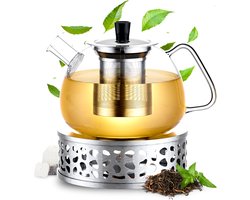 Élithé Theepot Glas Set 1 Liter met Filter en Warmhouder - Glazen Teapot voor Losse Thee en Theebloemen - Tea Maker - Theelicht houder voor Theekan met Zeef - Infuser - Warmer - Zilver