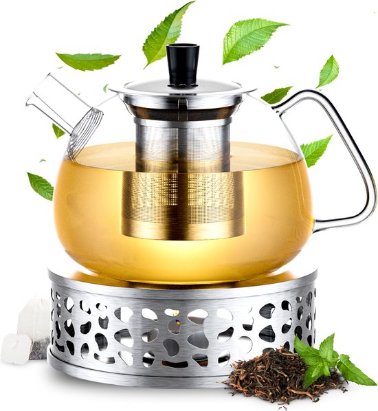 Élithé Theepot Glas Set 1 Liter met Filter en Warmhouder - Glazen Teapot voor Losse Thee en Theebloemen - Tea Maker - Theelicht houder voor Theekan met Zeef - Infuser - Warmer - Zilver