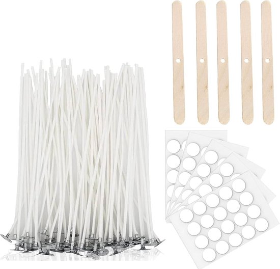 Bougie Mèches 100 PCS 15cm avec 60 PCS Bougie Mèche Autocollants et 10 PCS en Bois Bougie Mèche