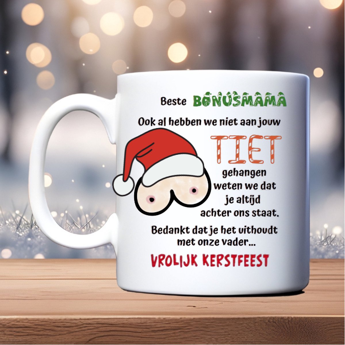 Beker - Bonusmama, ook al hebben wij niet aan jouw tiet gehangen - Humor - Kerst - Cadeau