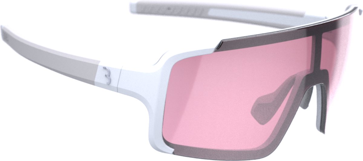 BBB Cycling Chester Narrow Fietsbril Heren en Dames - Sportbril Voor Smal Gezicht - Wielrenbril Met Grote Lens - Rubberen Pootjes - Mat Wit Roze - BSG-73