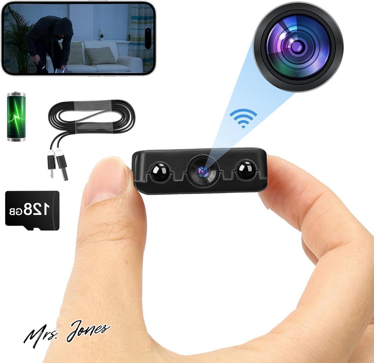 Mrs. Jones Mini-camera kleine draadloze wifi-camera verborgen 1080p HD-camera babyfoon 128 G microSD-opslag bewakingscamera live-overdracht opname bewegingsdetectie nachtzicht waterproof buiten gebruik. .