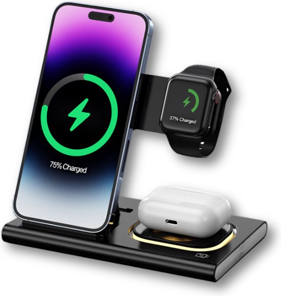 Dutch Quality® 3-in-1 Draadloze Oplader – 15W – Magsafe – Oplaadstation – Geschikt voor Apple iPhone 16/15/14/13/12/Mini/Pro/Max, Apple Watch en AirPods - snellader geschikt voor Qi - met nachtlampje - zonder adapter