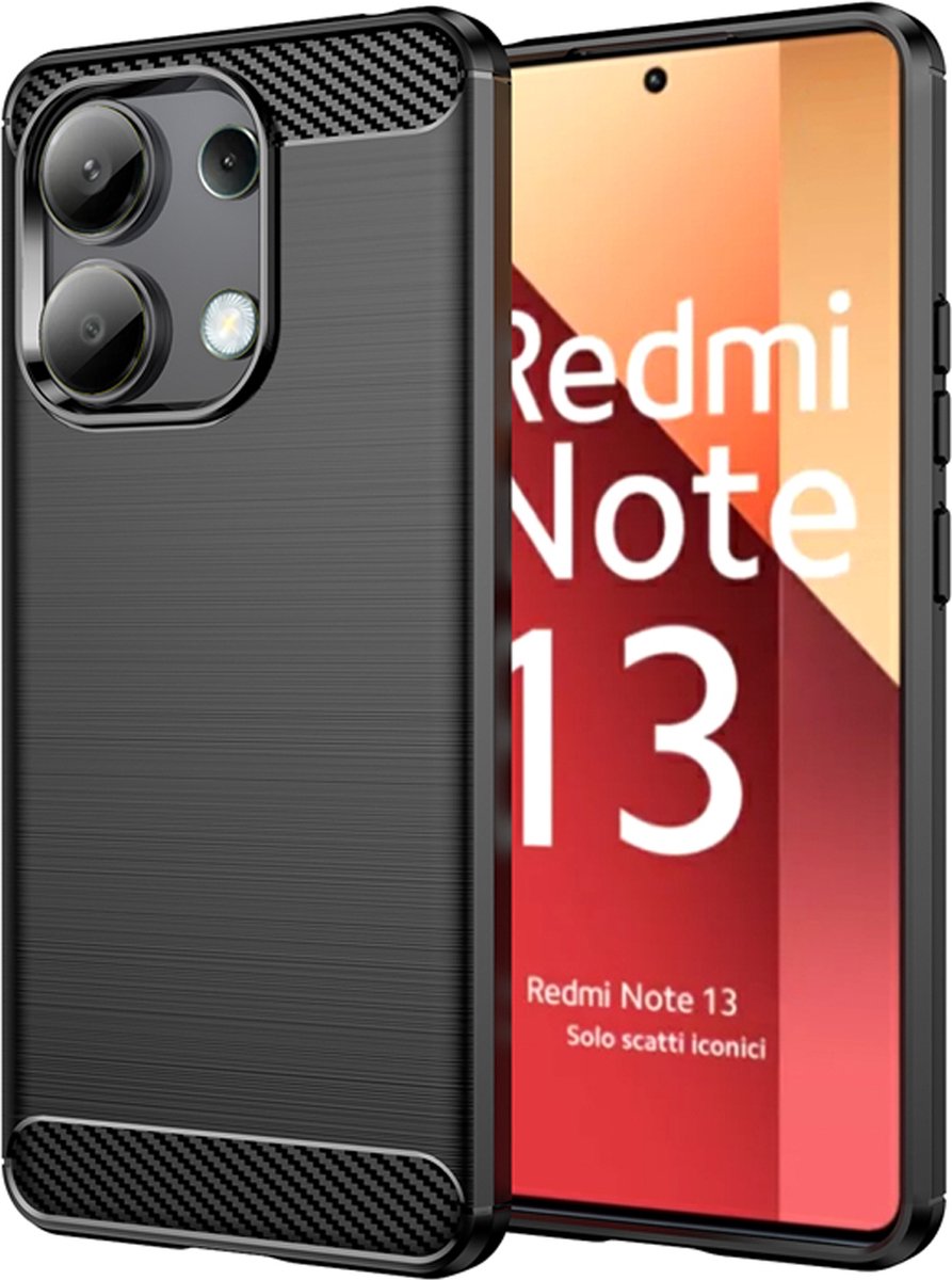 MobyDefend Hoesje - Geschikt voor Xiaomi Redmi Note 13 4G - TPU Backcover - Geborstelde Metaal & Carbon-Look - Zwart
