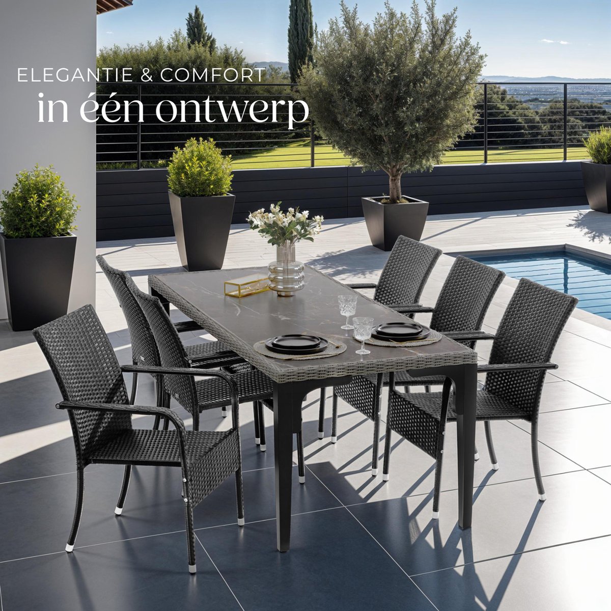 tectake® Tuinstoelen Girona - Terrasmeubilair - Set van 6 - Wicker Tuinstoel met Armleuning - Stapelbaar -Tuinset Stoelen voor Tuin, Terras of Balkon - Draagkracht 120 kg per Stoel - Verkrijgbaar in div. sets – foto 7