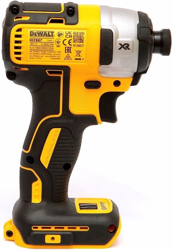 DeWALT DCF887N-XJ 18V XR Brushless slagschroevendraaier in zwart en geel, met zilverkleurig metalen voorstuk.