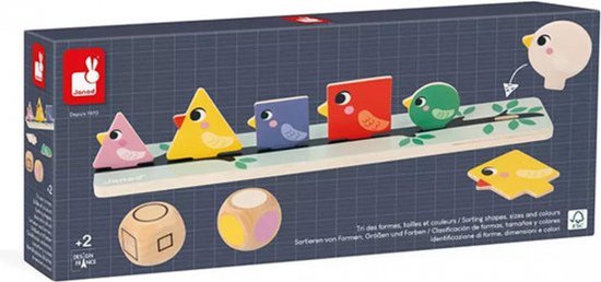 Janod Pedagogie - Vogels Sorteren Op Kleur, Grootte En Vorm - Het Spel Bestaat Uit Twee Takken, 72 Houten Vogels Om Te Plaatsen En 2 Dobbelstenen (Een Met Kleuren En De Andere Met Vormen En Verschillende Groottes) - Geschikt Vanaf 2 Jaar van Janod — afbeelding 3