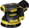 DeWalt 18V Brushless excenterschuurmachine met stofzak, zwarte en gele details.