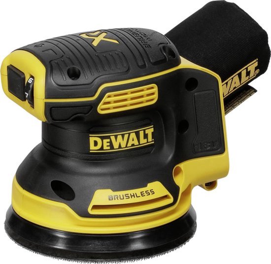 DeWalt 18V Brushless excenterschuurmachine met stofzak, zwarte en gele details.