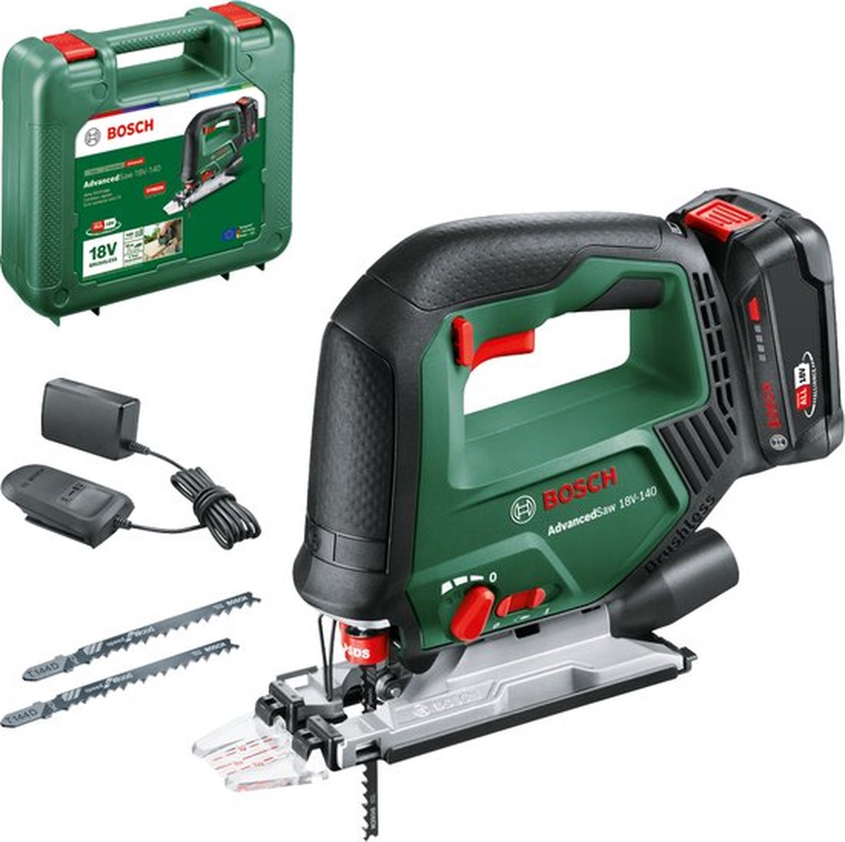 Bosch AdvancedSaw 18V-140 - Accudecoupeerzaag - Inclusief 3x zaagblad (T144D) Cut control - Beschermingsschoen - Stofkap - Anti-splinterplaat - 18 V Li-Ion accu (2.0 Ah) & 1-uurs lader (AL 18V-20)