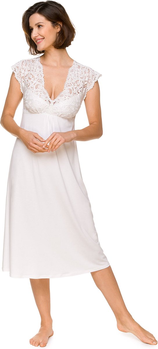 Coemi Dames Nachtjapon Elise-Midi Lengte-Kanten Details-Diepe Halslijn-Crème