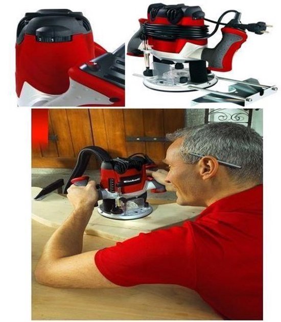 Collage: Einhell bovenfrees en een man die de machine gebruikt op hout.