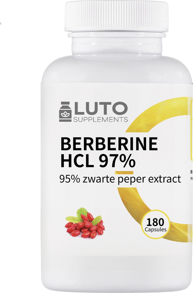 Goedkoopste Berberine HCL 97 Zwarte peper extract - Zuurbes - 180 Vegan Capsules - 6 Maanden voorraad - 500 mg active stof Berberis wortelextract - Hoog gedoseerd - LUTO Supplements