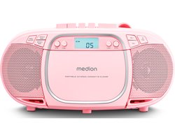 MEDION E66476 Stereo Geluidssysteem (boombox, CD-speler, MP3, cassette, draagbare cassettespeler voor kinderen, FM-radio, AUX, hoofdtelefoon, netvoeding & batterij) Roze