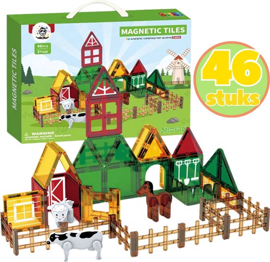 BoefieBoef Magnetisch Speelgoed - 46-delig Boerderij Dieren Magnetic Tiles - Educatief Constructiespeelgoed met Licht - Kinder Bouwblokken voor Peuter & Kleuter 3+ Jaar - Compatibel met Magna-Tile & Magformer - jongen & meisje VerjaardagsCadeau