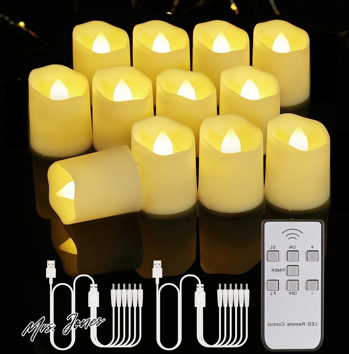 Mrs. Jones Oplaadbare LED Theelichtjes Kaars Warm RGB Afstandsbediening Vlamloze timer dimbaar USB-kabel Kerstmis feesten bruiloften Halloween Deco Warmwit 12 stuks . multi color