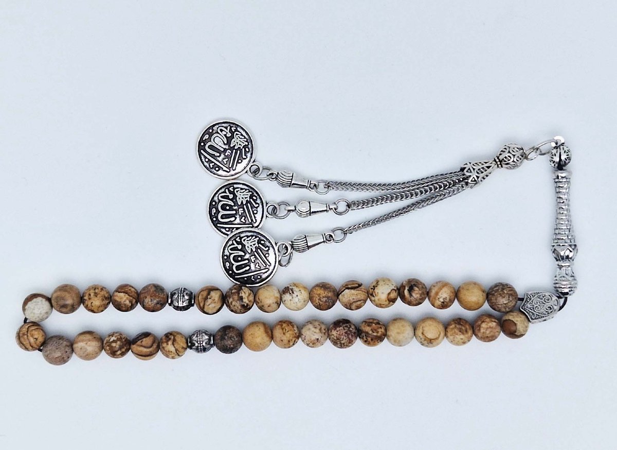 Handgemaakte tesbih klassiek - "Tasbih" natuursteen " Picture Jasper" - Aantal kralen 33 - Diameter kralen 8 MM - met metaal tassel "Allah jala jalaluh" - Een mooi cadeau-idee