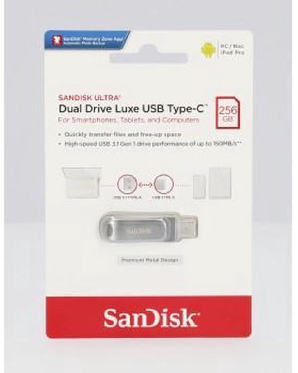 SanDisk Ultra Luxe USB 3.2-Flashdrive 256 GB (USB 3.2 Gen 1, Leessnelheden Tot 400 MB/s, Wachtwoordbeveiliging, RescuePRO Deluxe-Software