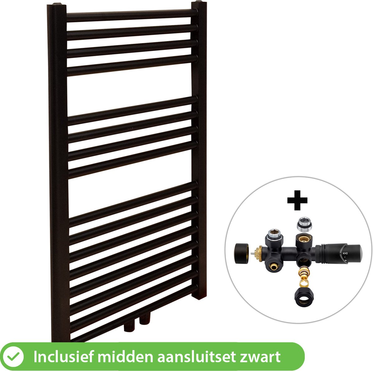Handdoekradiator Badkamer met Aansluit Set en Thermostaat - Radiator - 800 × 500 mm - Mat Zwart