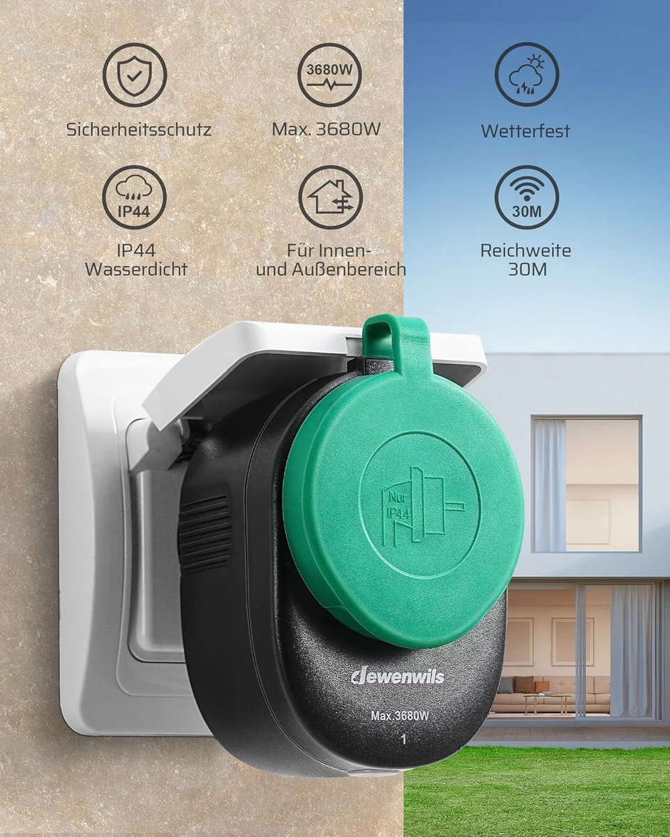 conecto Draadloze stopcontacten met afstandsbediening voor buiten, 2300 watt, 230 V, 2 x stopcontact met afstandsbediening, buitenset, IP44, energiebesparend, 30 m bereik, zwart