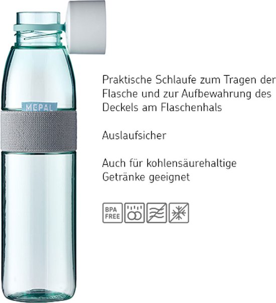 Lichtblauwe Mepal waterfles met grijze band en witte dop. Lekvrij en voor koolzuurhoudende dranken.
